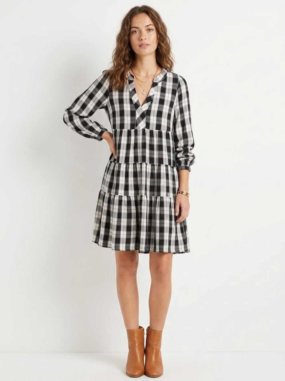 Anthropologie Maeve Plaid Tiered Mini Dress Small Petite SP Black White